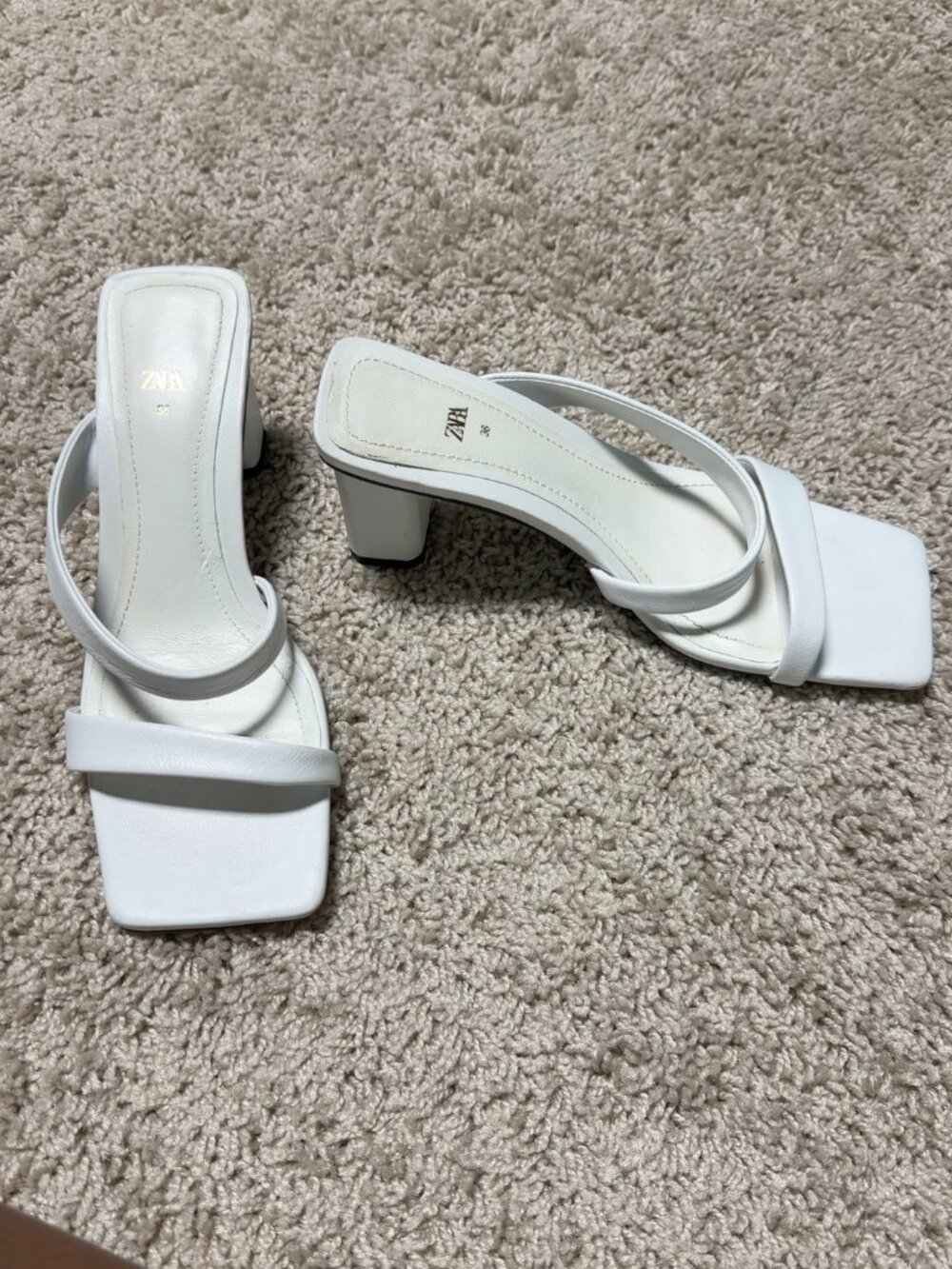 Zara White Strappy Square Toe Block Heels